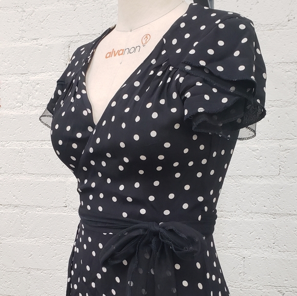 Black 40s style polka dot wrap mini dress S M - Picture 2 of 5
